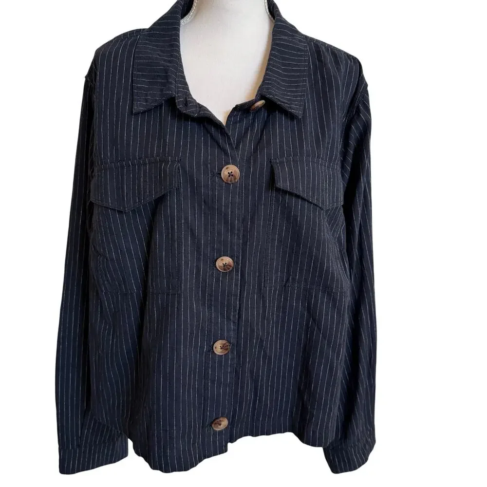 Lane Bryant Cropped Shirt Jacket Size 24/3X Navy White Pinstripes Cotton/Linen
